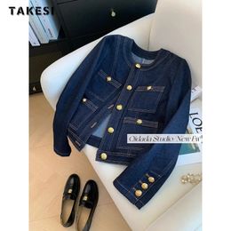 2023 Autumn Winter Vintage Style Casual Blue Elegant Denim Jacket Women's Fashion Luxury Single Breatsed Loose Jean Coat 231227