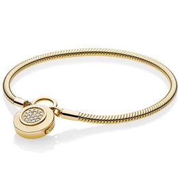 Original 925 Sterling Silver Gold Color Logo Signature Padlock Smooth Snake Pan Bracelet Bangle Fit Bead Charm Jewelry CX2006232866