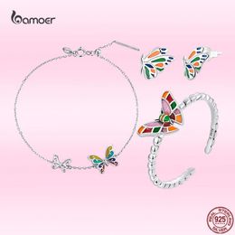 Bracelets Bamoer Real Sterling Sier Exquisite Colourful Butterfly Earrings Bracelet Ring Suits for Women Fashion Wedding Jewellery Set