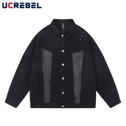 Streetwear Contrast Panelled Denim Jacket Mens Hip Hop Ripped Loose Lapel Washed Outerwear Men 231227