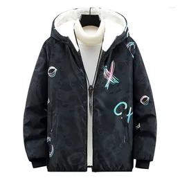 Men's Jackets Winter Plush Thick Windproof Warm Hooded Digital Printed Korean Casual Fashion Color Blocking Youth Cotton Coats