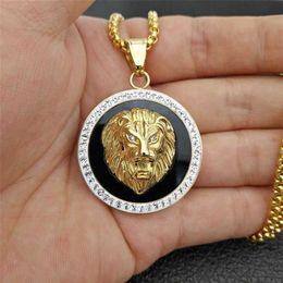 Hip Hop Charm Iced Out Bling Golden Lion Head Pendants Necklaces Male Gold Colour Stainless Steel Chain Rock Jewellery Gift For Men H264N