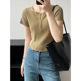 Women's T Shirts V-neck Breasted Knitted Crop T-shirts Women Summer Slim-fit Pullover Solid Short Tops Pit Strip Tshirts Clothing Cotton