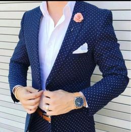 Men's Suits Arrival Blue Men White Dot Custom Made Wedding Groom Casual Male Set Slim Fit Terno Masculino Daily Wear