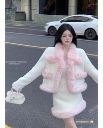 Work Dresses Korean Sweet Girl Suit For Women In Autumn/Winter Pink Plush Patchwork Woollen Jacket High Waisted A-line Skirt Two-piece Set