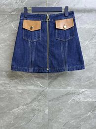 Skirts 2023Leather Denim Skirt Colour Contrast Zipper Design Flap Leather Pocket Dark Blue Splicing Orange Matching714
