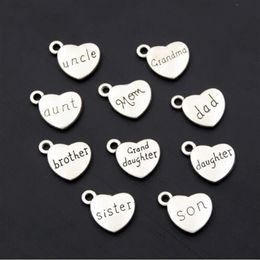 100pcs Antique Silver Mom Dad Son Heart Charms Family Member Pendants Bracelet Necklace Festival Jewelry Making Accessories DIY 172574
