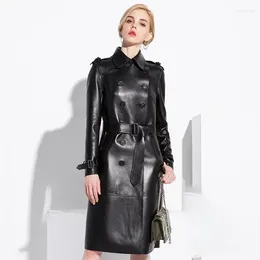 Women's Leather Lautaro Spring Autumn Long Black Faux Trench Coat For Women Belt Double Breasted Vintage British Style Overcoat 6xl 7xl