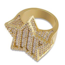 Mens Iced Out 3D Gold Super Star Rings Micro Pave Cubic Zirconia 14K Gold Plated Simulated Diamonds Hip hop Ring with gift box299A