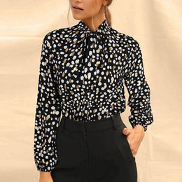 Women's Blouses Temperament Women Printing Shirt Long-Sleeved Stand Up Collar Strap Fashion Slim Office Blusa Mujer Moda 2023