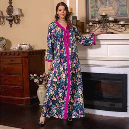 Ethnic Clothing Floral Print Muslim Dress Women Hijab Eid Mubarak Abaya Dubai Arabic Turkey Moroccon Kaftan Islamic Party Gown Jalabiya