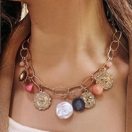 Boho Statement Gold Colour Big Chains Baroque Pearls Portrait Shell Pendant Necklace For Women Girls Beach Necklaces Chokers243h