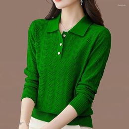 Women's Sweaters Autumn Winter Polo Collar Solid Button Sweater Knitwear Fashion Versatile Thick Pullover Casual Trend Elegant Lady Tops