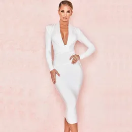 Casual Dresses Wholesale Est Women Black White Red Blue Long Sleeve Deep V-Neck Sexy Night Club Celebrity Boutique Bandage Dress