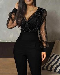 Rompers Women Fashion Sheer Mesh Long Sleeve Jumpsuits Outfit V Neck Glitter Ruched Wrap Jumpsuit 210716