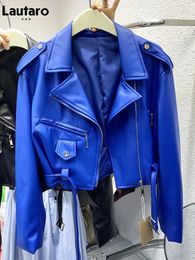 Lautaro Spring Autumn Short Blue Soft Pu Leather Biker Jacket Women Zipper Long Sleeve Belt Cool Luxury Designer Clothes 231226