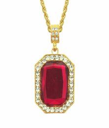 Hip Hop Bling Out Cubic Zirconia Red Stone Square Pendant Necklaces for Men Jewellery With 30inches Gold Chain3398233