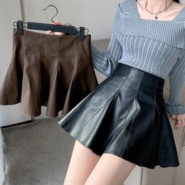 Skirts Women Black High Quality Pu Leather Skirt With Ruffled Hem Waist Flared A Line And Pleated Design For Autumn Win