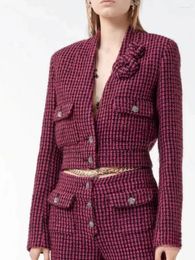 Women's Jackets 2023k Autumn/Winter Rose Red Twill Soft Tweed Plaid CC Short Jacket V-Neck Detachable Flower Brooch