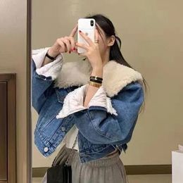 Women Causal Warm Denim Fleece Jacket Large Faux Fur Collar Coat Winter 2024 231227