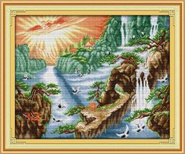 Tools Sunshine waterfall crane home decor paintings ,Handmade Cross Stitch Embroidery Needlework sets counted print on canvas DMC 14CT /