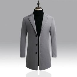 Korean Style Men Trench Coat Lapel Buttons Woolen Coat Casual Overcoat Jackets Men Warm Long Outwear Spring Windbreaker 231226