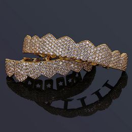 Iced Out CZ Mouth Teeth Grillz Caps Top Bottom Grill Set Men Women Vampire Grills 18K Gold Plated Rock Punk Rapper Accessories335n