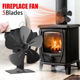 Black 5 Blades Fireplace Fan Heat powered Stove Log Wood Environmental Quiet Home Warm Efficient Heat Distribution 231227