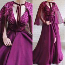 Purple Evening Dresses V Neck Beaded Lace Applique With Cape Custom Made Front Slit Sweep Train Formal Ocn Wear Arabic Prom Gown Vestidos 403 403