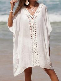 Women's Swimwear Fitshinling Patchwork Handmade Crochet Beach Pareo Cover-Ups Women Outfits Bohemian Sexy Sheer Short Dress Summer