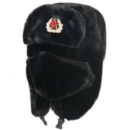 Soviet Army Military Badge Bomber Hat Men Women Russia Ushanka Hats Faux Rabbit Fur Earflap Snow Caps Trapper Hats Invierno 231227