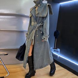 Long Jean Trench Jacket for Women Fashion Oversized Denim Coats with Belt Autumn Winter Sleeve Button Blue Jackets 231227