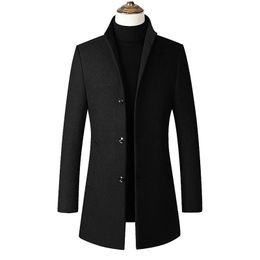 Men'S Mid-Length Slim Woollen Coat Fashionable Stand-Up Collar Solid Colour Coat Comfortable Soft Warm Outwear Abrigo Hombre 231226