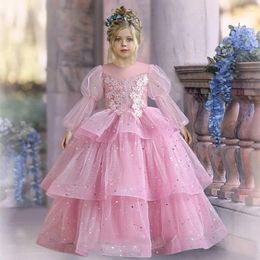 Girl Dresses Girls' High End Long Sleeve Embroidered Sequin Fluffy Skirt 5-14 Year Old Children's Walk Show Piano Performance Wedding Dre