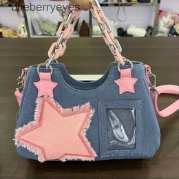 Shoulder Bags New Fashion Cool Handbag Dark Harajuku Style Denim Bag Pink Y2k Star Chain Women's Underarm Tote Purses Handbagsblieberryeyes