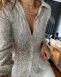 Women's Blouses Female Clothes Allover Sequin Buttoned Long Sleeve Top Temperament Commuting Turn-Down Collar Casual Shirt