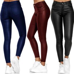Women's Pants Faux Leather High Waisted Skinny PU Zipper Stretchy Basic Trousers For Women Autumn And Winter Bottoms T663
