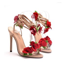 Sandals 2024 Satin Rose High Heel Cross Straps Round Head Fine Super Large Size Strappy Women's Wedding Shoes