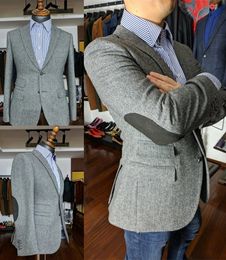Vintage Herringbone Tailored Man Jacket Grey Tweed Blazer For Men Patchwork Hombre Slim Fit Custom Made Terno Masculino 231227