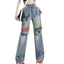 American high street spicy girl graffiti distressed jeans for women's 2023 summer new design, wide leg straight leg pants trendy