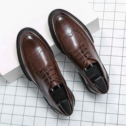 Dress Shoes Male Leather Men 2023 Chunky Platform Retro Work Pointed Derby Formal Low Top Man Casual Flat