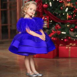 Girl Dresses Orgeous Feather Flower Dress Belt Bow Knee-Length Exquisite Baby Birthday Wedding Princess Party First Communion Gown