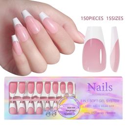 150pcs Glossy Pink French Tips Press on Fake Nail White Smile Line Soft Gel Almond Coffin Nail Tips Ultra Fit Woman Nail Bed 231227