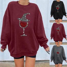 Women's Hoodies Fashion Rhinestone Red Wine Cup Ovrtsized Sweatshirts Loose Crew Collar Autumn Pullover Plus Size Halloween Sudadera