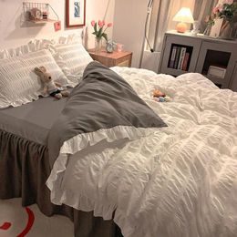 Bedding Sets Korean Ins Princess Seersucker Duvet Cover Puff Lace Bed Sheet For Girl Quilt Washed Cotton Linens