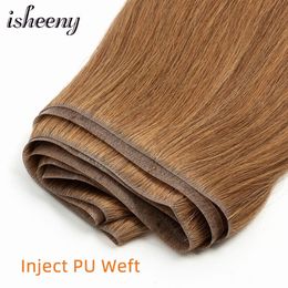 Isheeny Straight Long Tape Weft Hair 12" 22" Invisible PU Skin Human Natural Inject Bundles 100g 231226