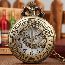 Pocket Watches Bronze Watch Retro Astronomical Compass Geometry Prague Design Hollow Pendant Quartz Necklace Chain Clocks