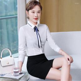 Women's Blouses Spring Fall Women Business Suits 2 Piece Skirt And Top Set Office Ladies & Shirts With Necktie White