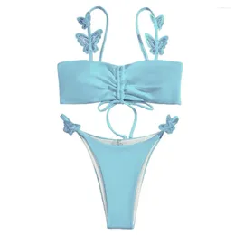 Women's Swimwear Embroidery Butterflies Decor Solid Colour Bikini Set Female Shirring Bandeau Bra High Waist Thong Swimsuit Beachwear