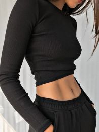 O Neck Long Sleeve Shirt Women Ribbed Sexy Cropped Tops 2022 Spring Black Casual Skinny Slim Basic Woman T Shirts